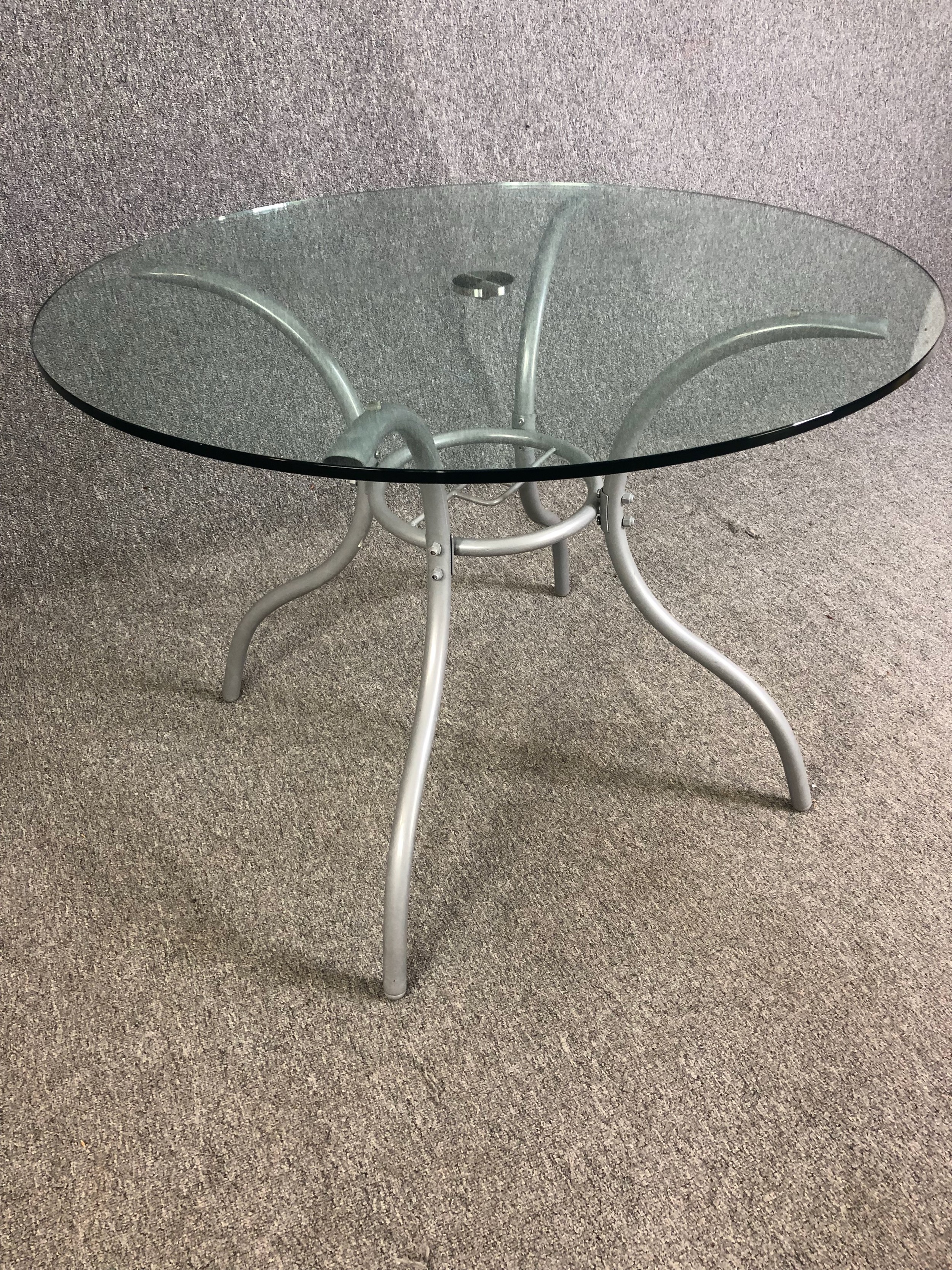 A contemporary glass and metal occasional table. H.72 Dia.100cm. (Associated pieces, top not - Image 3 of 6