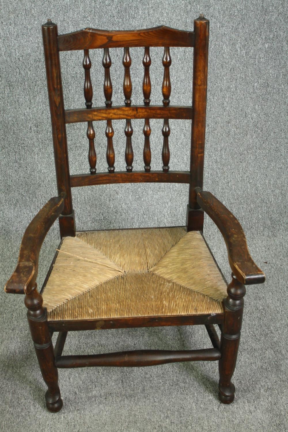 A 19th century elm Lancashire country spindle back armchair, and another with a ladderback, with - Image 2 of 11