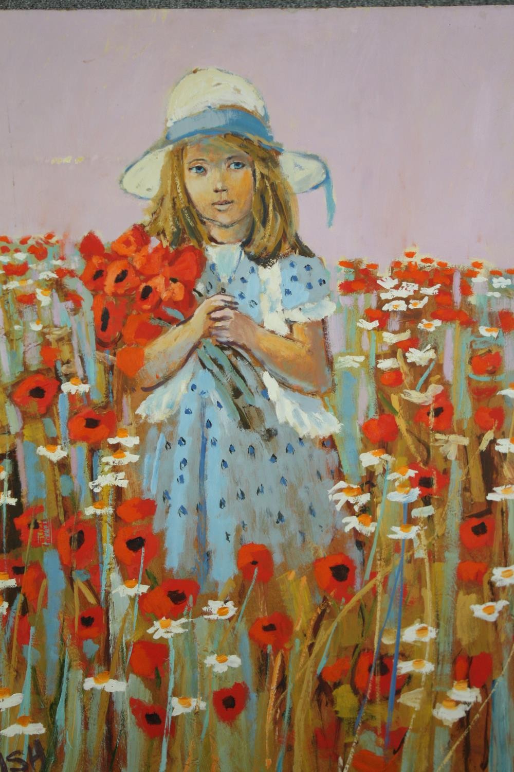 An oil on board, a girl in a poppy field, signed Ash. H.87 W.74cm.