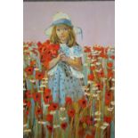 An oil on board, a girl in a poppy field, signed Ash. H.87 W.74cm.