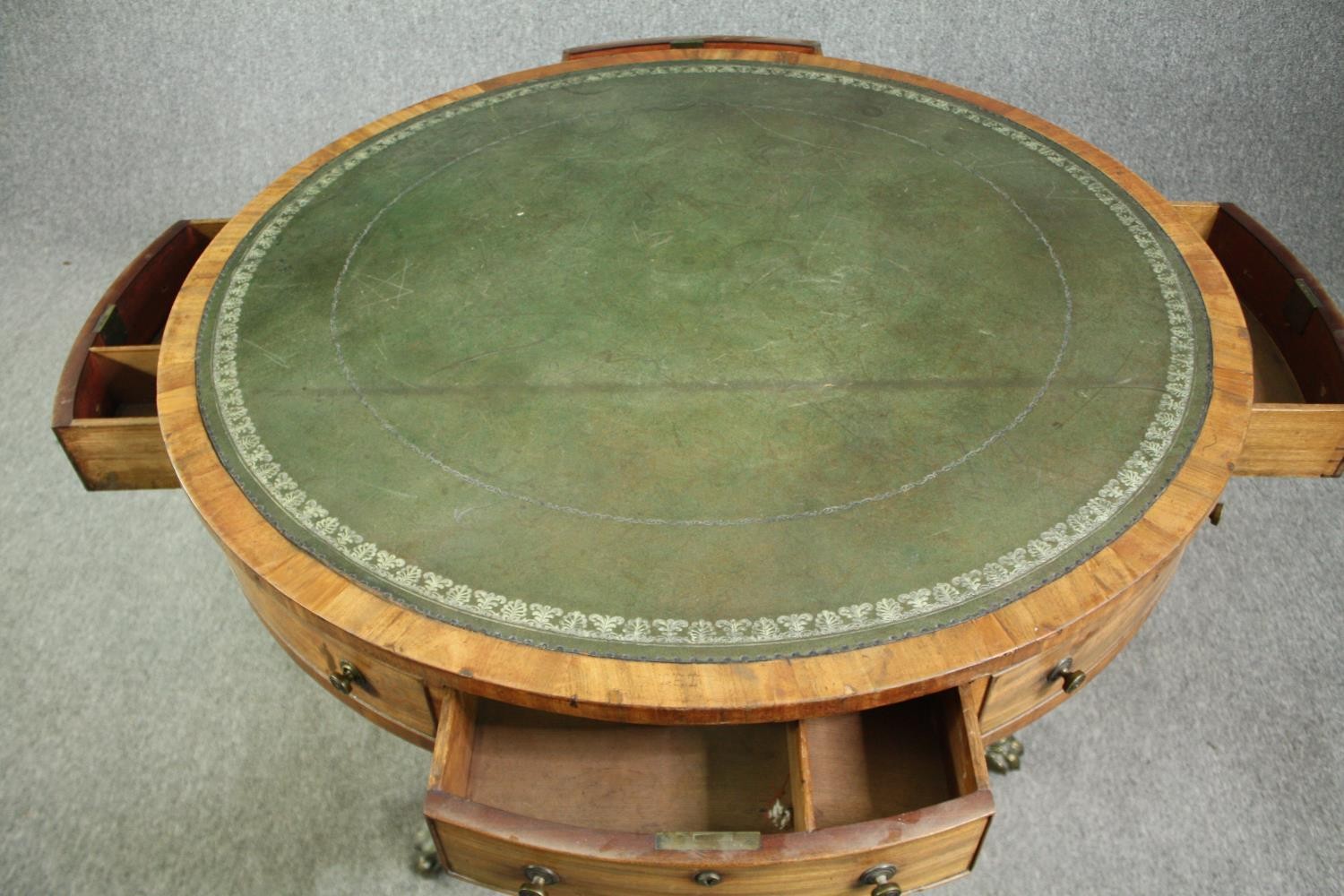 A Regency mahogany drum top library table, with a green tooled leather inset top, 19th century. H.76 - Image 5 of 8