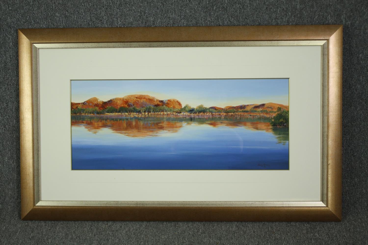 A gouache of a lake scene, in a gilt frame. H.71 W.116cm. - Image 2 of 4