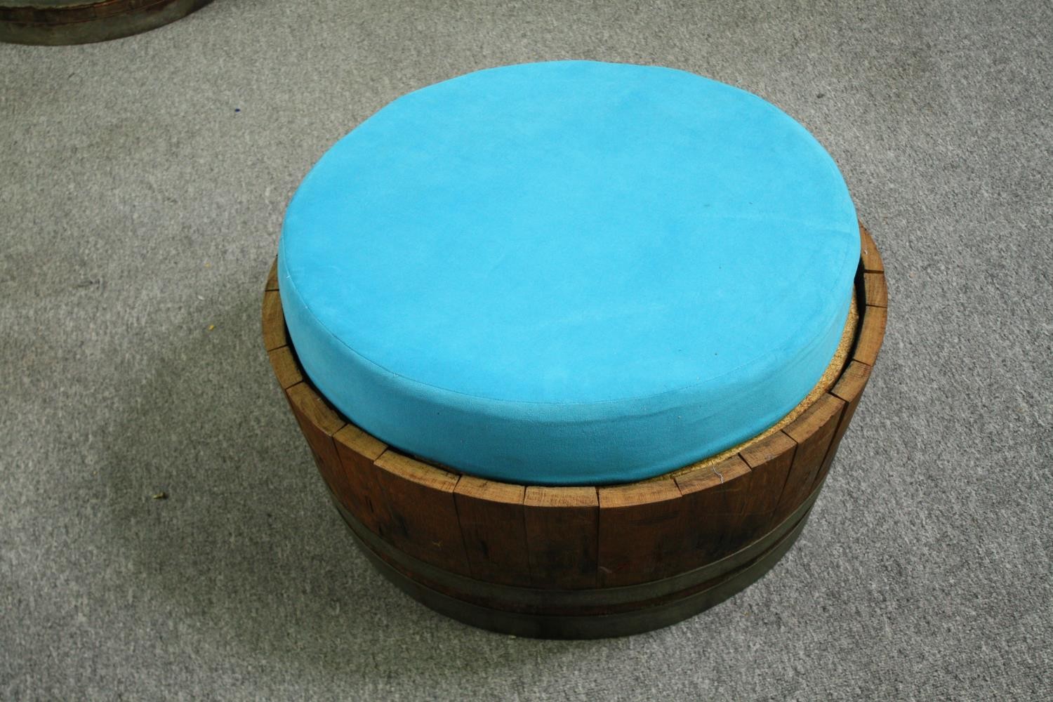 A pair of tub chairs, converted from coopered hardwood and metal mounted barrels with electric - Image 2 of 6