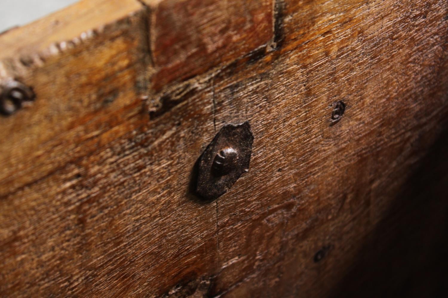 A continental pitch pine and metal bound lidded chest, probably 19th century, H.70 W.110 D.60cm. - Image 12 of 12