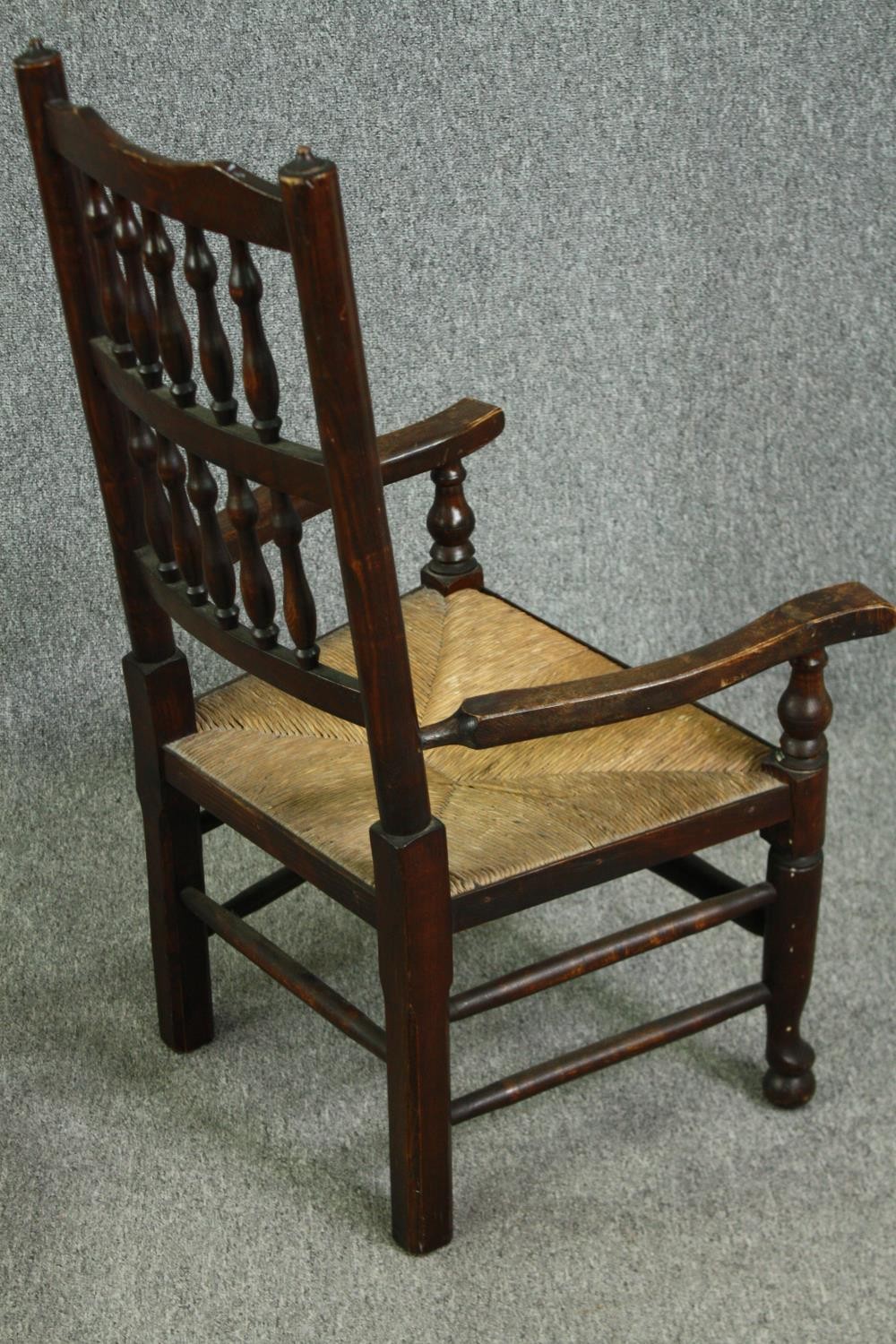 A 19th century elm Lancashire country spindle back armchair, and another with a ladderback, with - Image 5 of 11