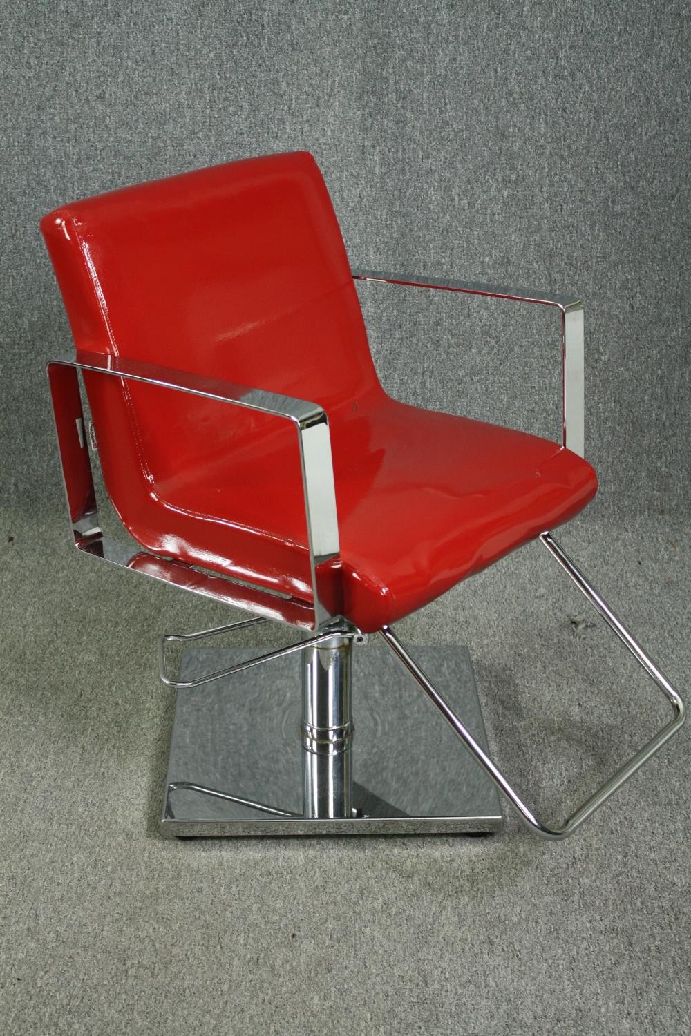 A pair of chrome barber shop chairs H.87cm. (each) with faux leather upholstery refinished in - Image 4 of 6