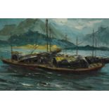 An Impressionist style oil on canvas of a boat at sea with mountains in the background, indistinctly