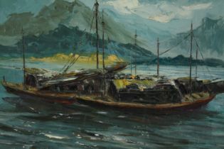 An Impressionist style oil on canvas of a boat at sea with mountains in the background, indistinctly