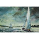 Geoffrey Thorpe, a framed oil on board of sailing boats, entitled 'One Plus Two'. H.49 W.59cm.