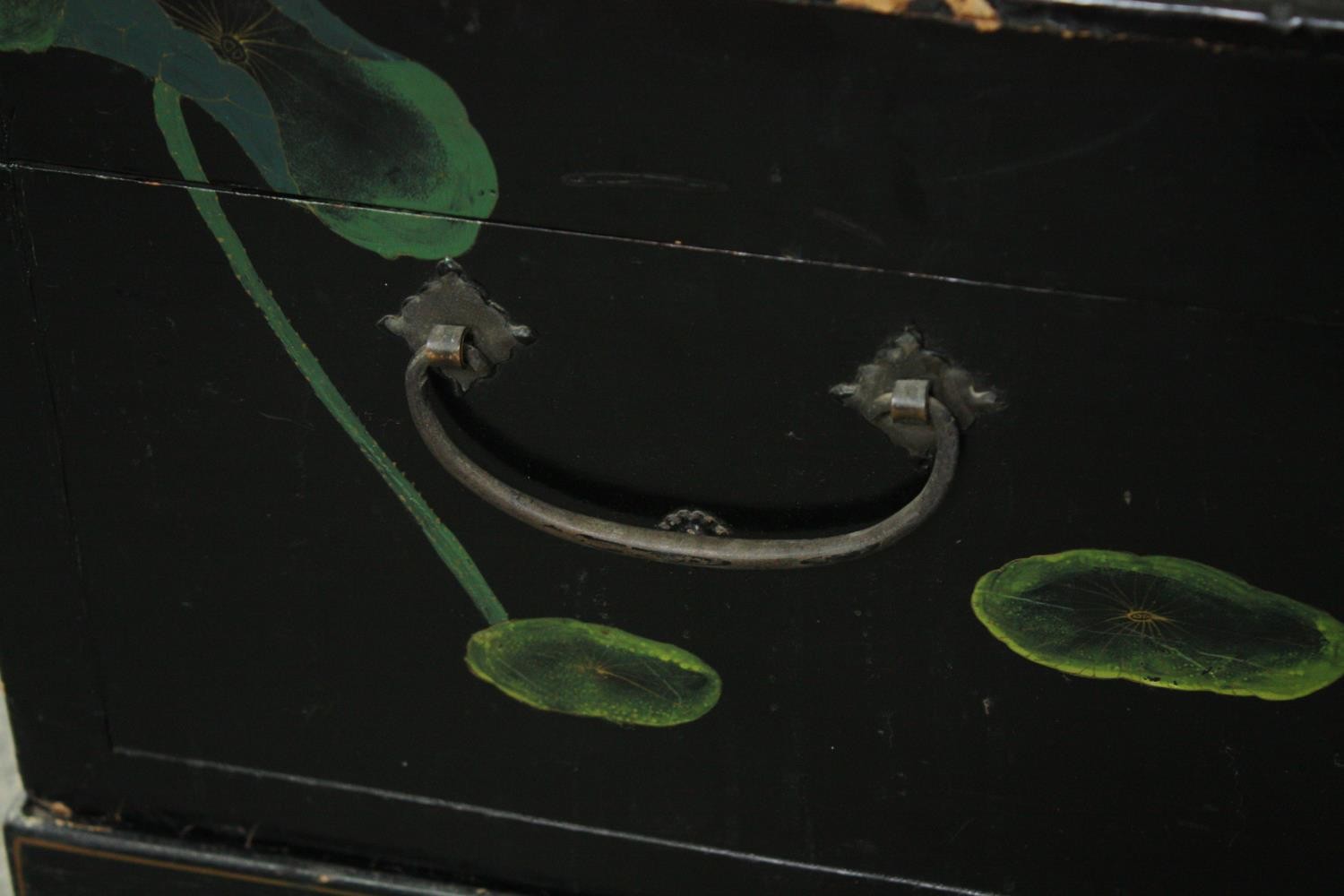 A Chinese black lacquered travelling chest on stand, hand decorated with peonies, early 20th - Image 6 of 6