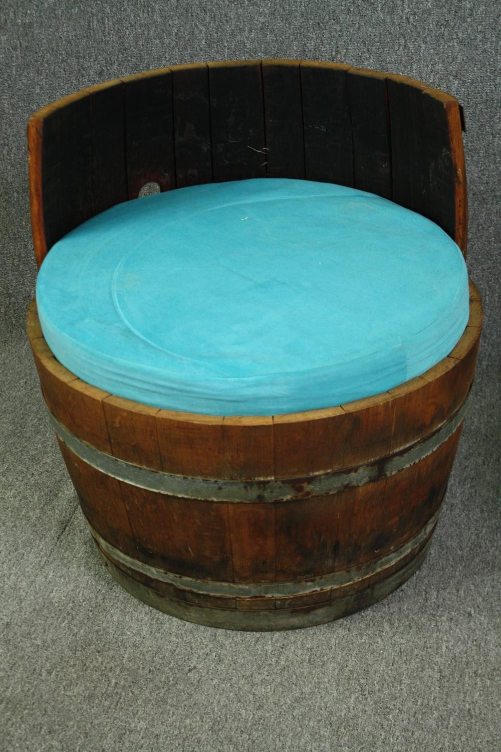 A pair of tub chairs, converted from coopered hardwood and metal mounted barrels with electric - Image 4 of 6