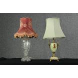 Two table lamp bases, one onyx, the other cut glass, with shades, H.60cm. (largest).