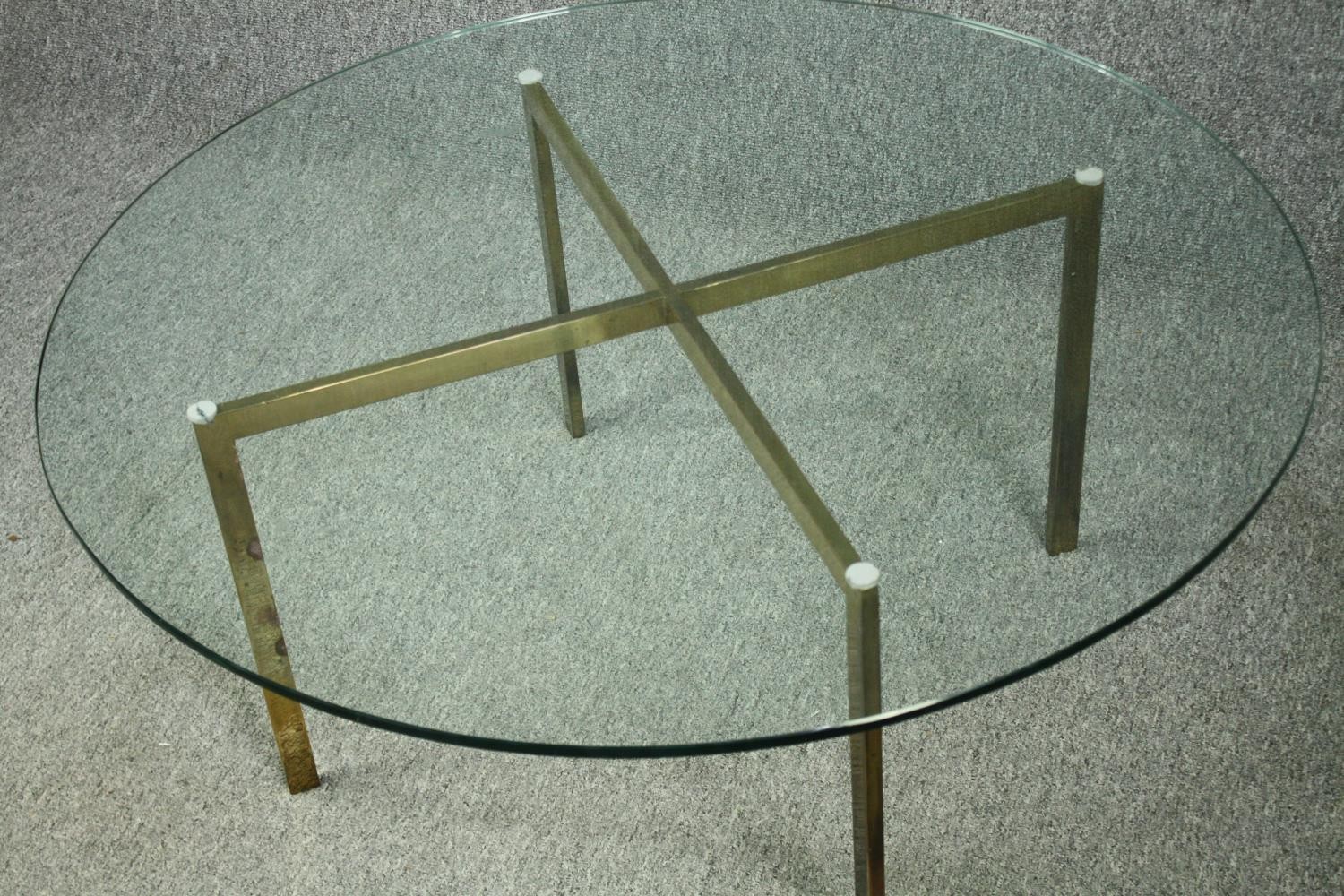 A vintage glass coffee table on brass supports. H.39 Dia.91cm. - Bild 5 aus 5