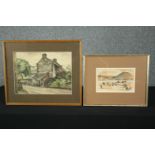 A watercolour of a cottage and another sepia landscape, both framed and glazed. H.40 W.47cm. (