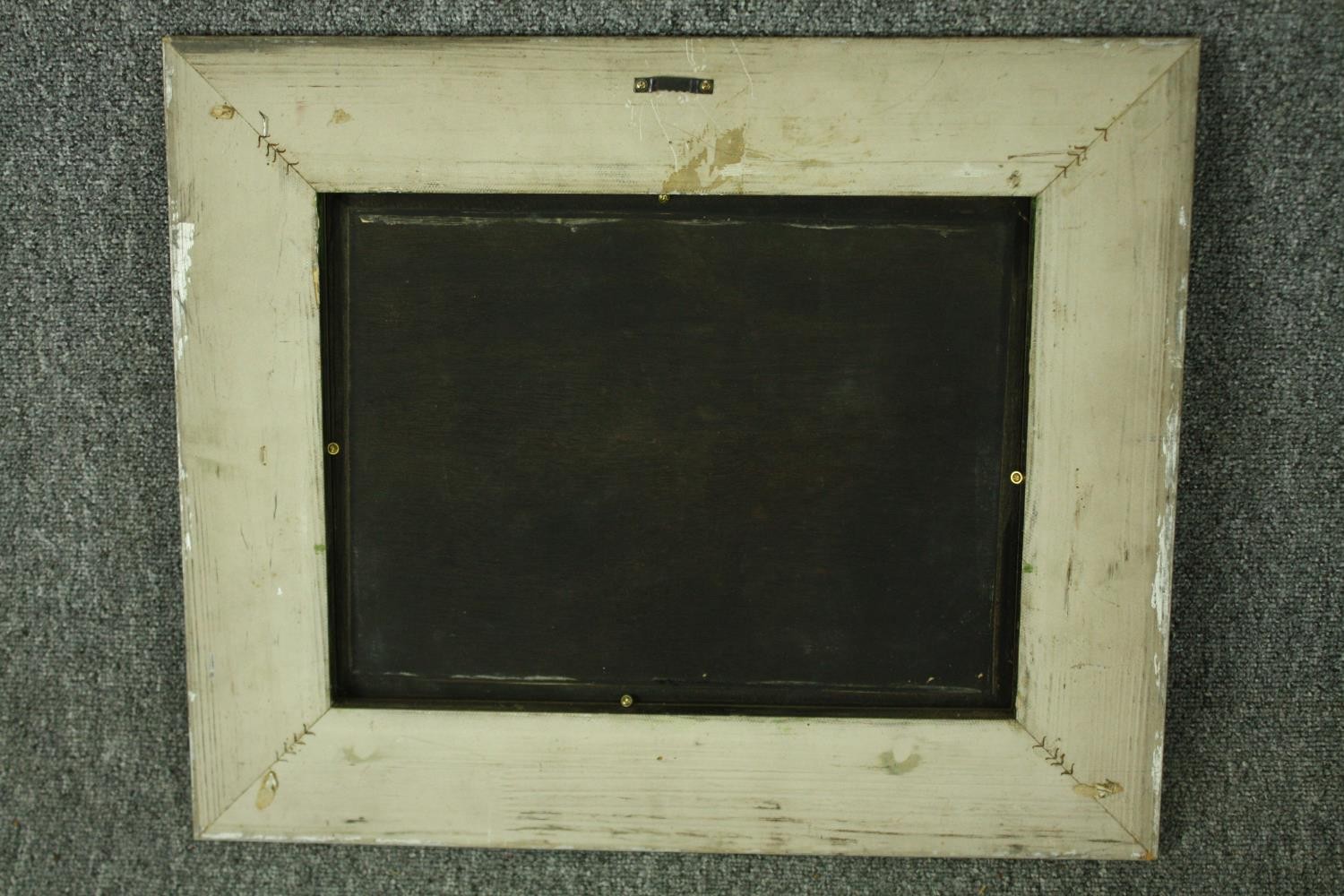 Oil on board, probably an American missionary ship, in painted and gadrooned frame. H.48 W.38cm. - Bild 3 aus 3