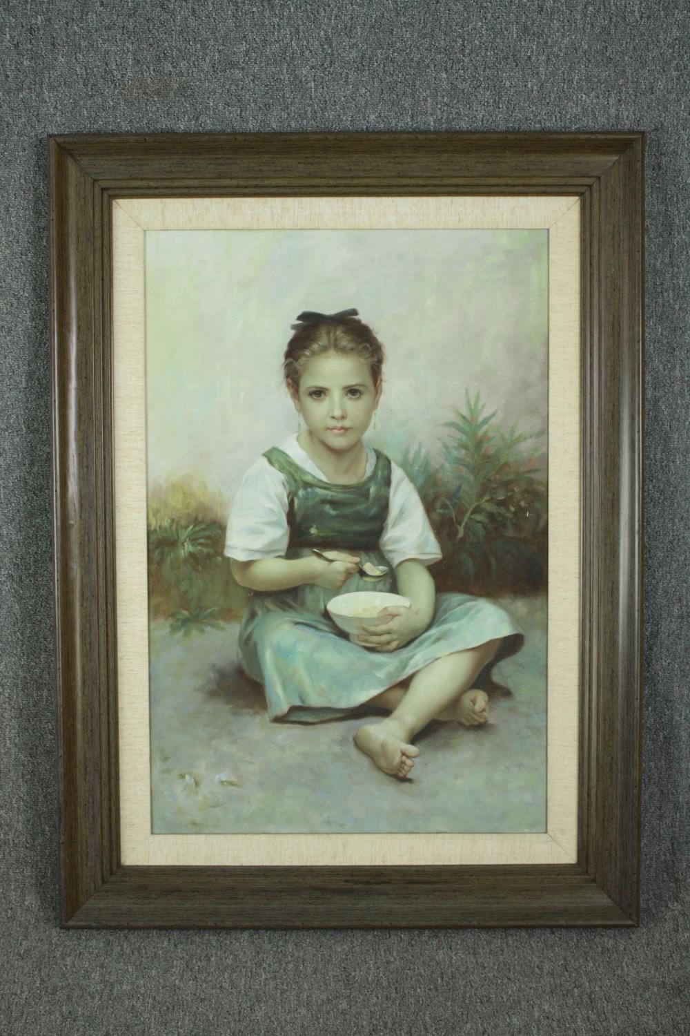 Oil on canvas, portrait a young seated girl eating from a bowl, in a hardwood frame. H.118 W.87cm. - Image 2 of 3