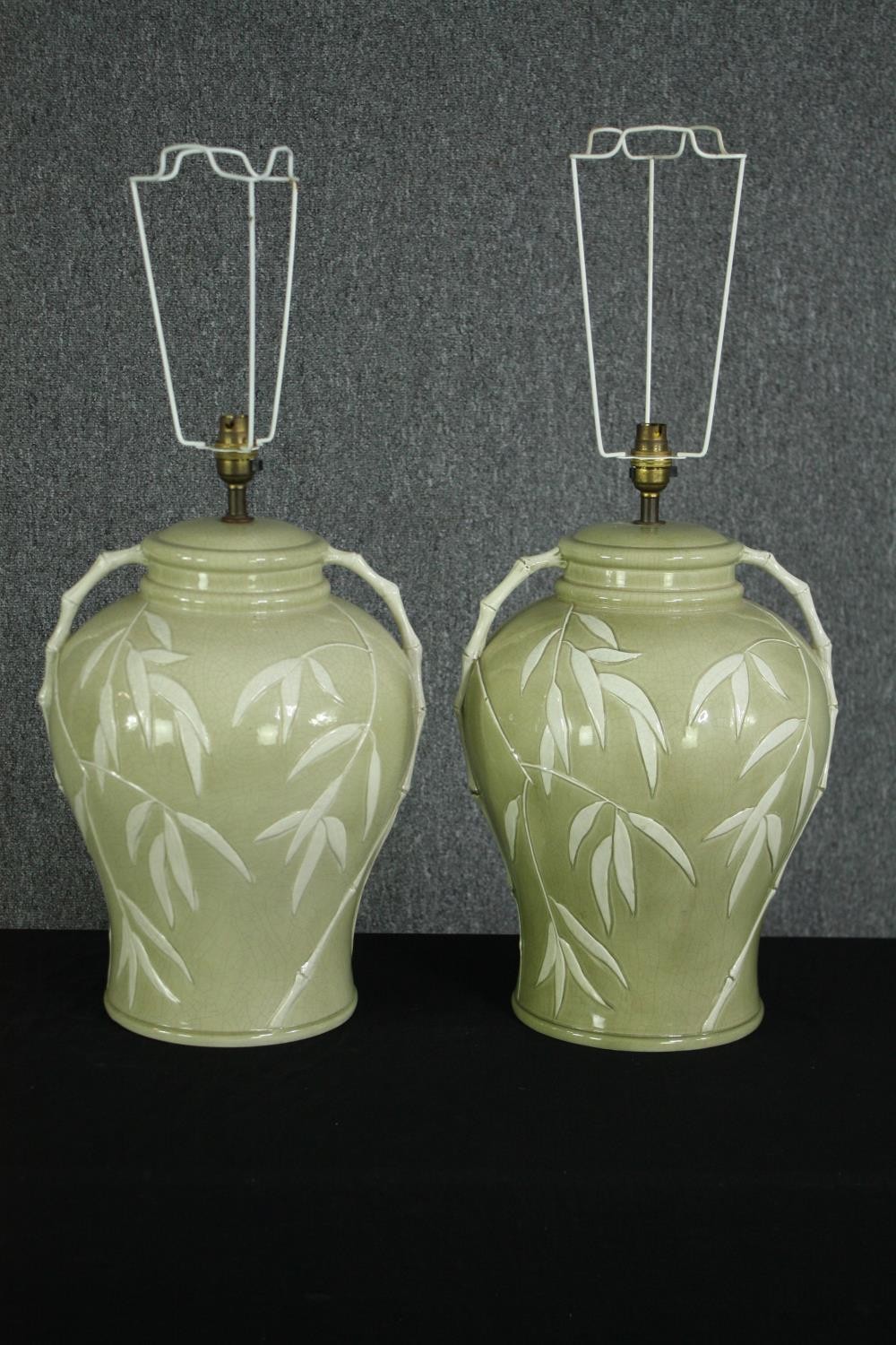 A pair of celadon glazed baluster table lamps, with bamboo decoration. H.49cm. (largest). - Image 5 of 5