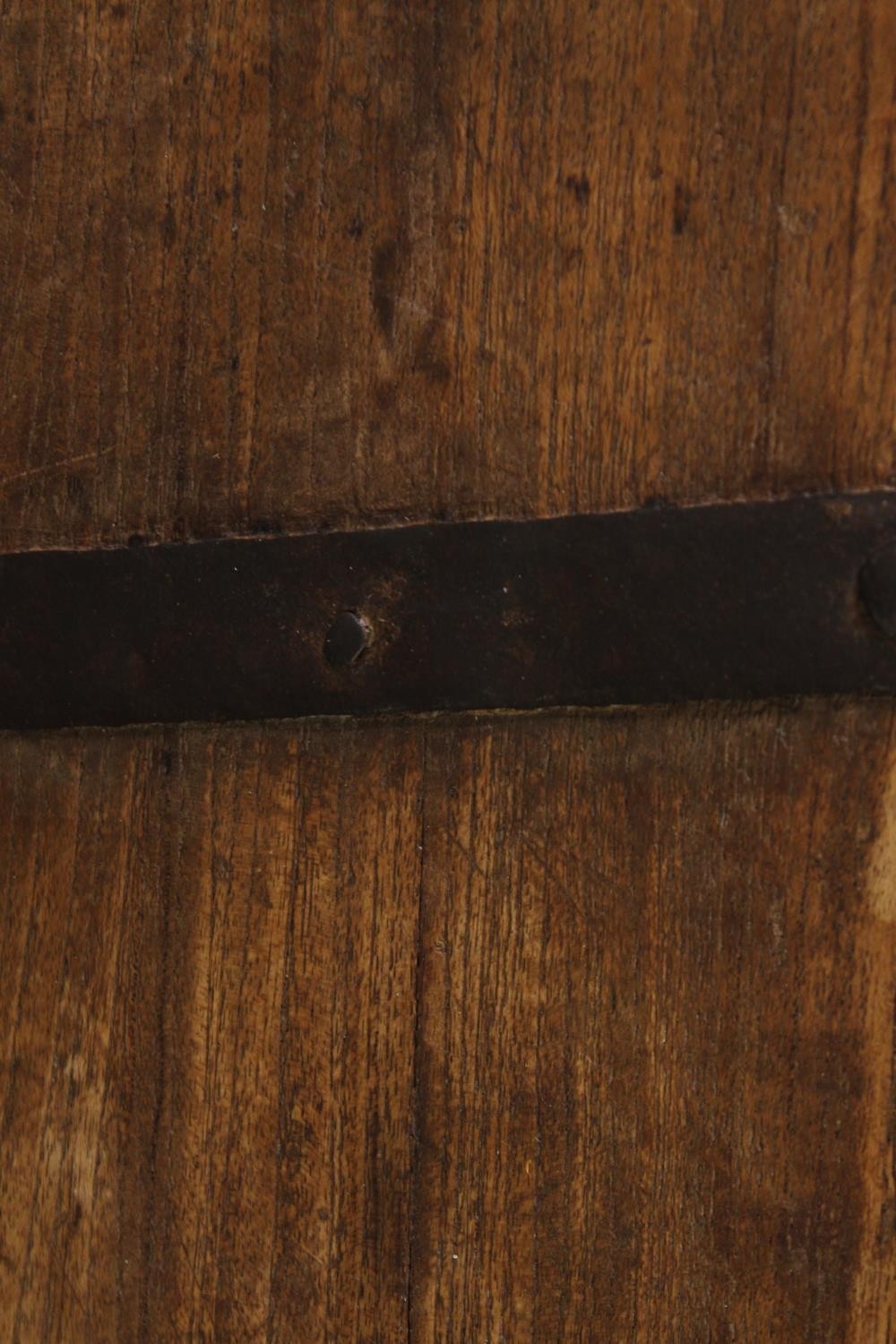 A continental pitch pine and metal bound lidded chest, probably 19th century, H.70 W.110 D.60cm. - Image 9 of 12