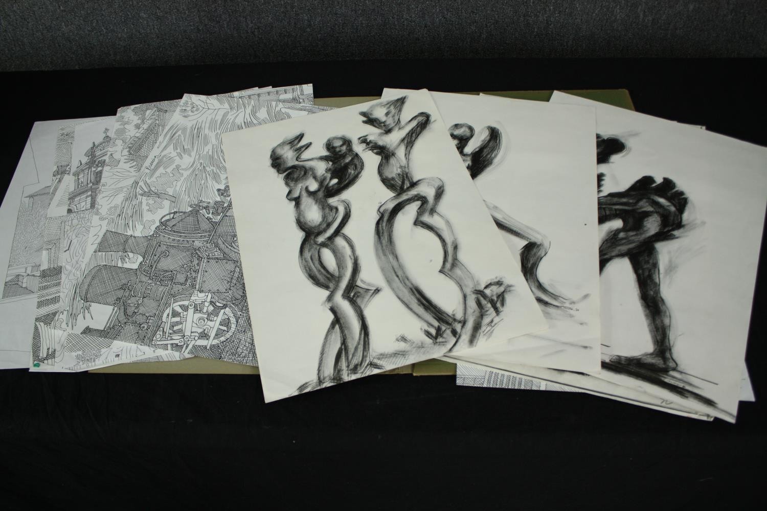 A portfolio of mixed media works including architectural drawings, indistinctly signed Valterece?