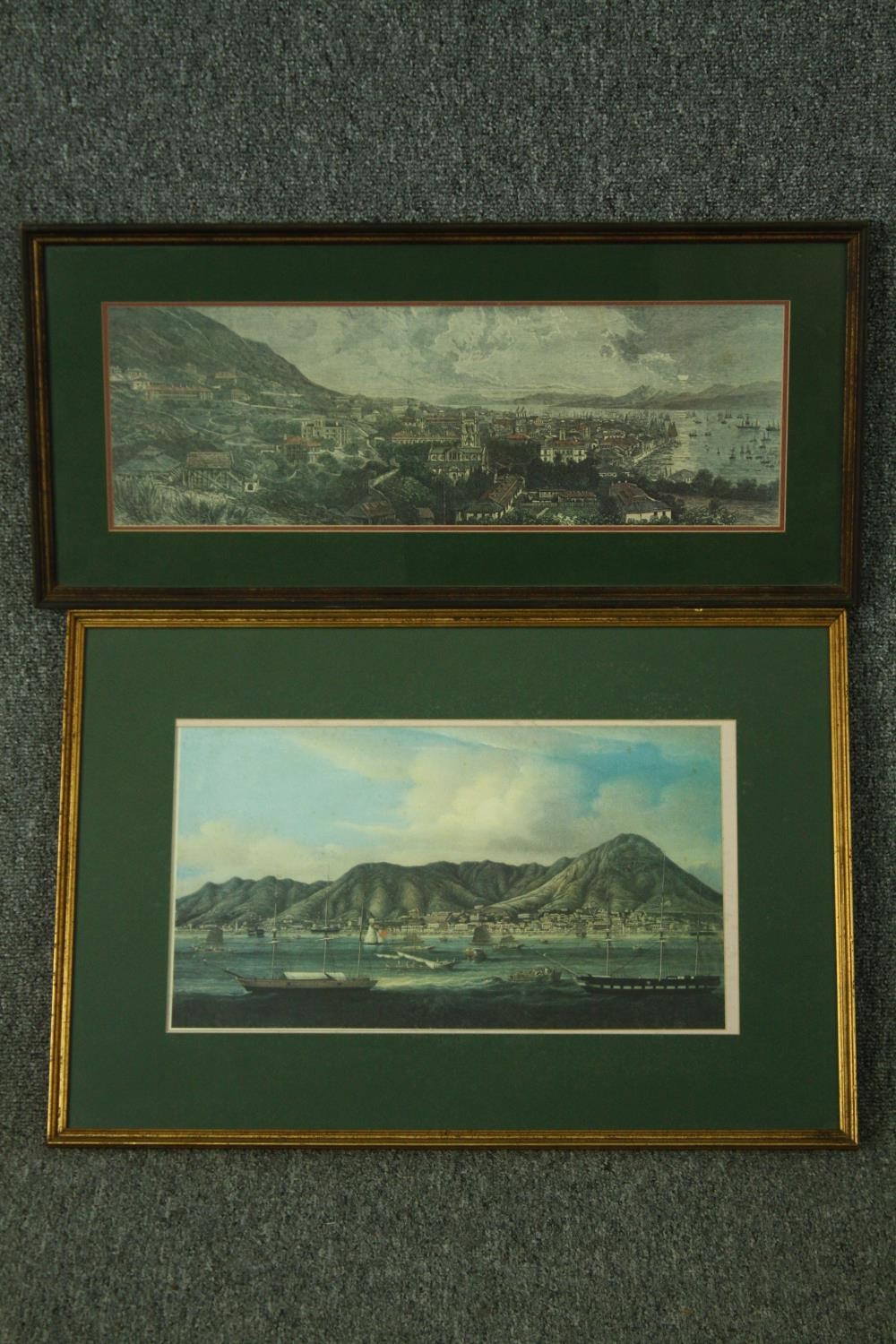 Two coloured engravings of old Hong Kong Harbour, framed and glazed. H.41 W.49cm. (largest).