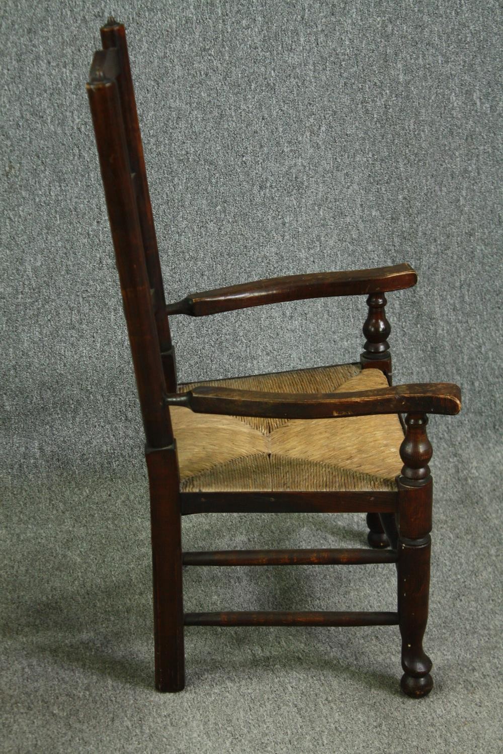 A 19th century elm Lancashire country spindle back armchair, and another with a ladderback, with - Image 4 of 11