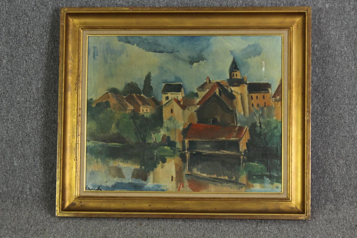 A print on canvas of a provincial French town, in a giltwood frame. H.72 W.85cm. - Bild 2 aus 6