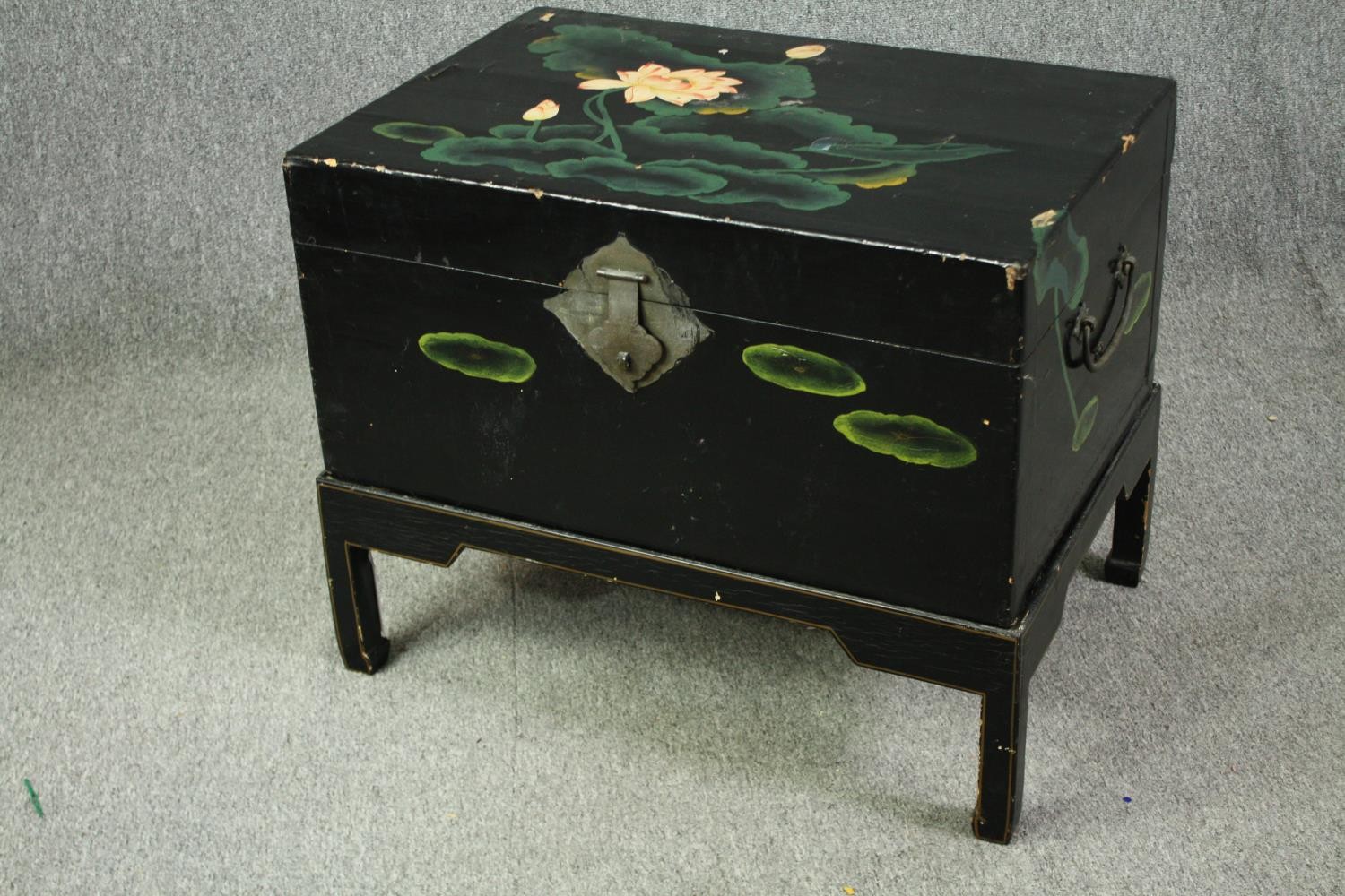 A Chinese black lacquered travelling chest on stand, hand decorated with peonies, early 20th - Image 3 of 6