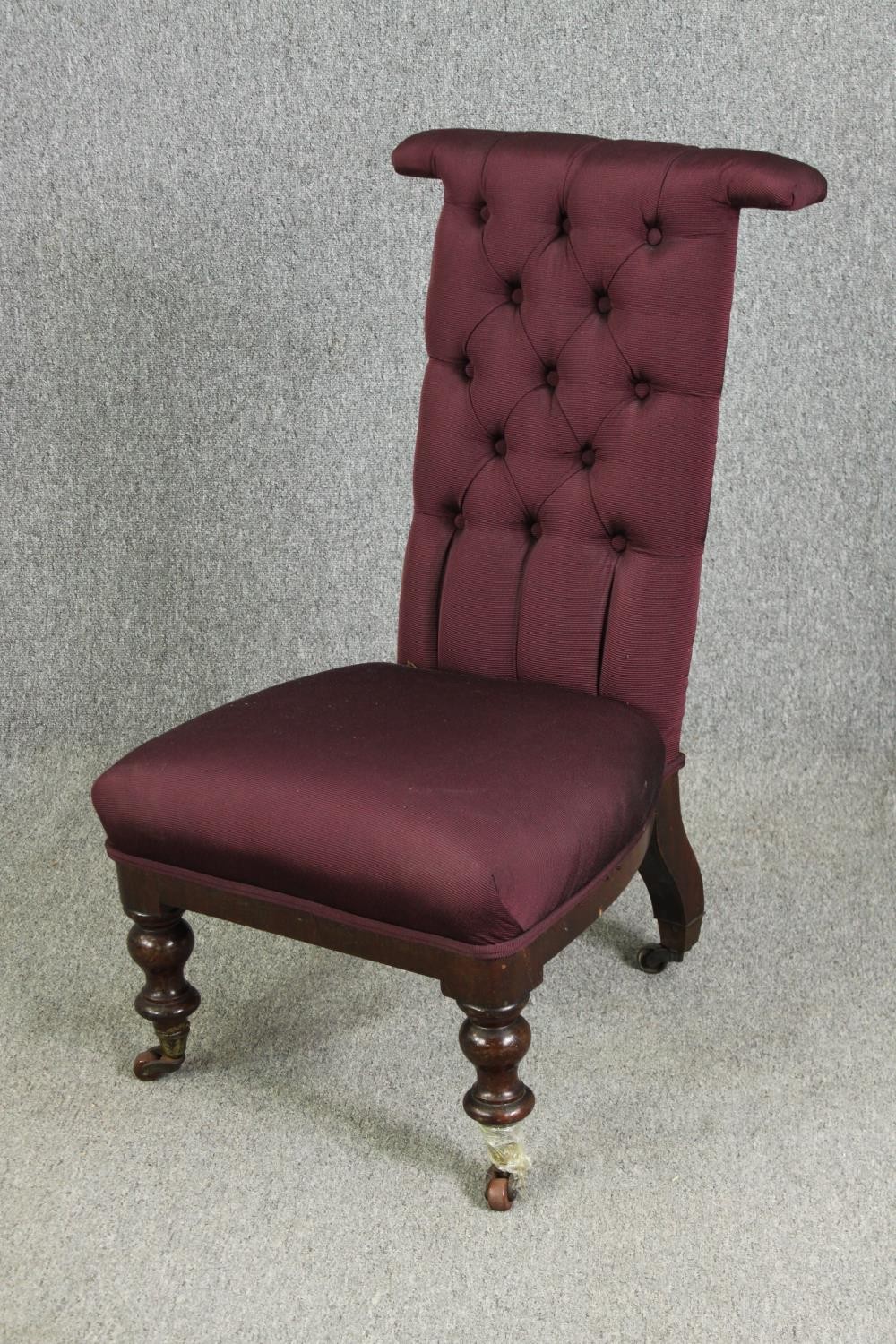 A Victorian mahogany prie dieu chair with modern aubergine textured upholstery. H.96cm. - Image 3 of 6