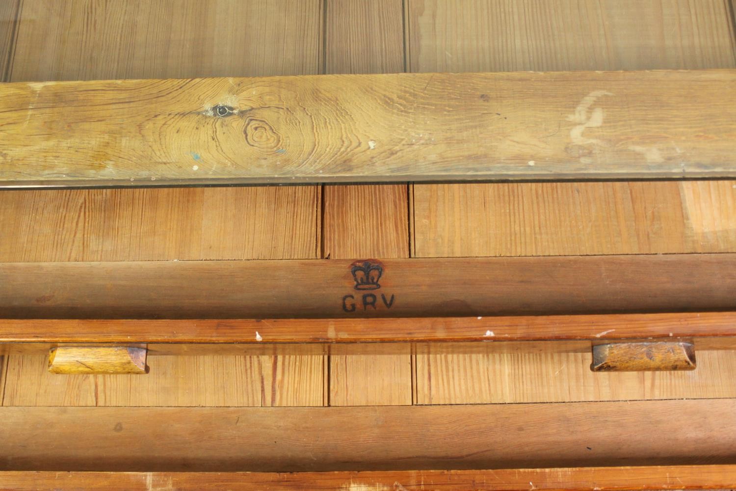 A 1920's pine planners chest, with later glass top to form a coffee table. H.40 W.123 D.92cm. - Image 7 of 8