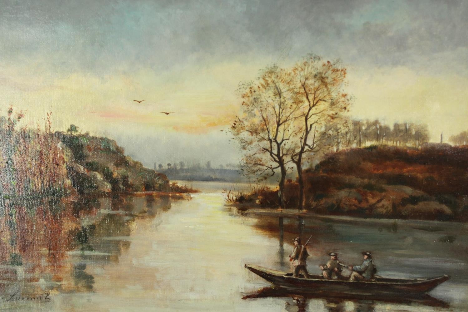 An oil on canvas of men game hunting in a small boat on a morning lake, early 20th century, signed