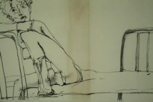 J. Russell. Pen and ink study, woman on a bed. H.34 W.57cm.