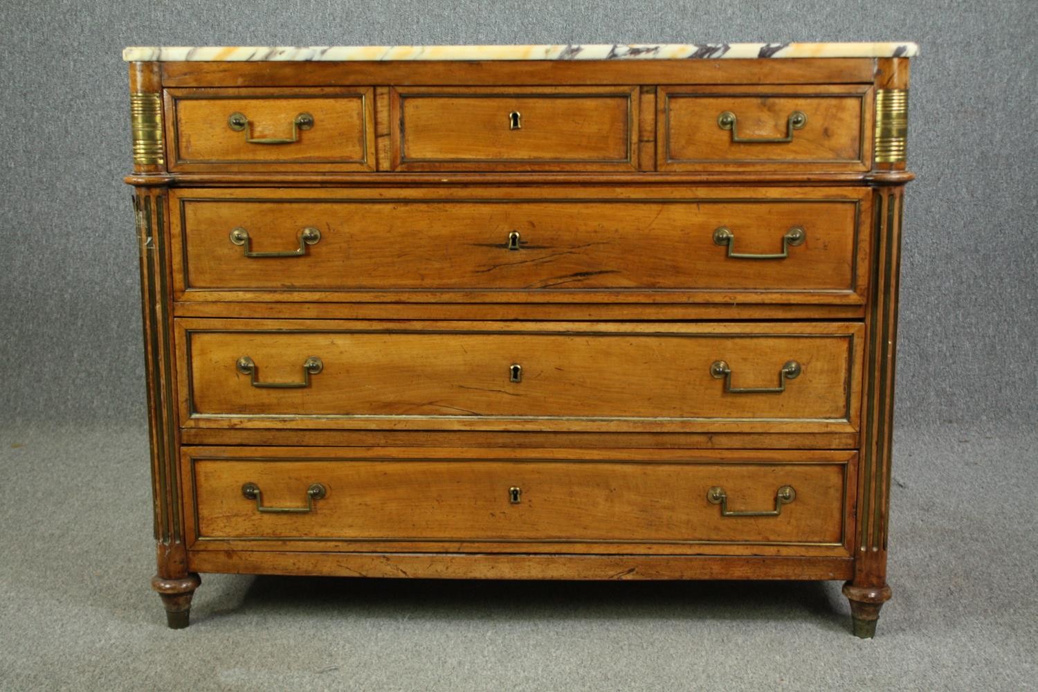 A French Directoire walnut commode, with a breccia marble top, 19th century. H.98 W.126 D.57cm. - Image 4 of 11