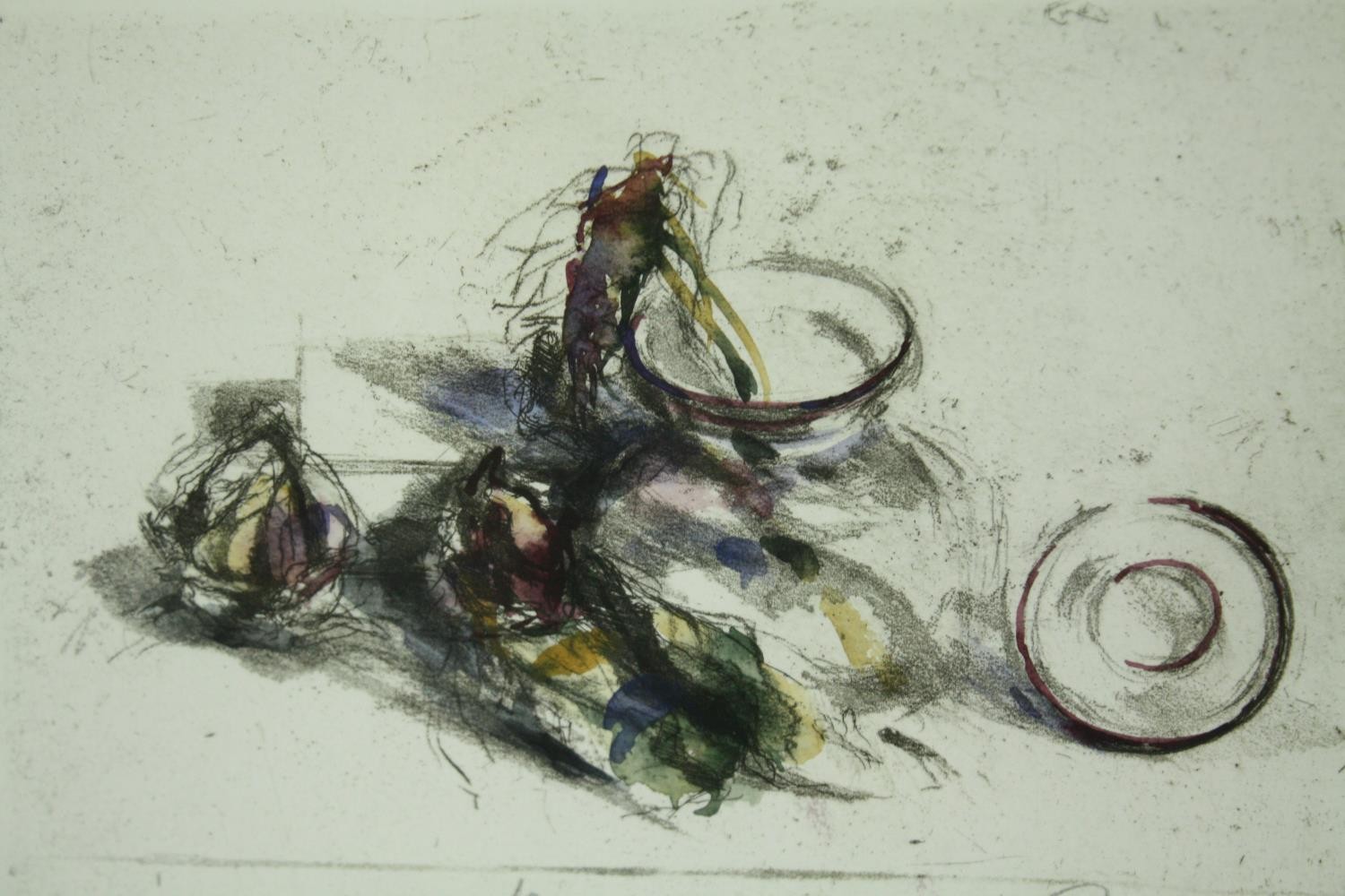 A pair of coloured prints, still life sketches with a vase and bowl, in glazed and ebonized - Image 6 of 8