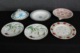 A group of six various 19th century porcelain plates, a cake stand and a cheese dish, including