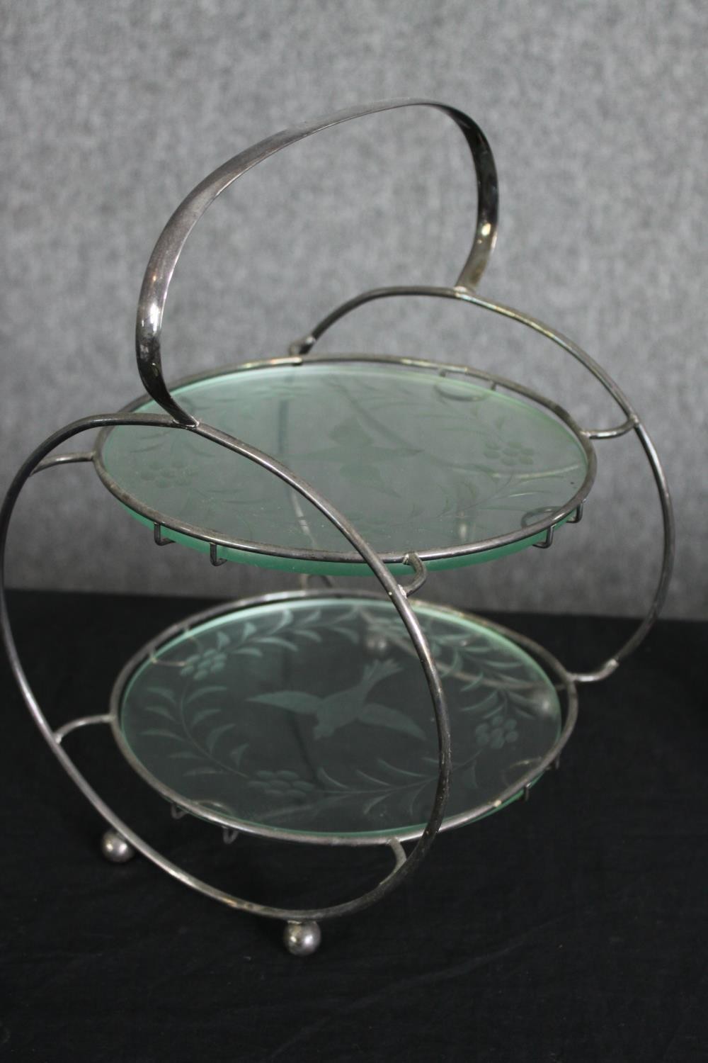 A glass cake stand, a pair of glass and silver plated vases, and a cut glass bowl with tortoiseshell - Image 2 of 7