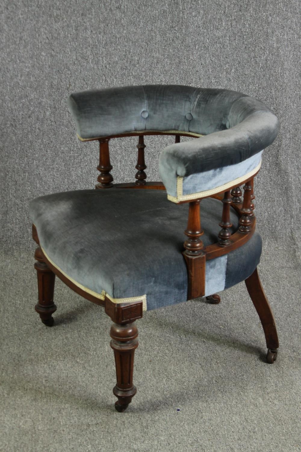 A late Victorian walnut tub chair, with button back upholstery - Image 6 of 7