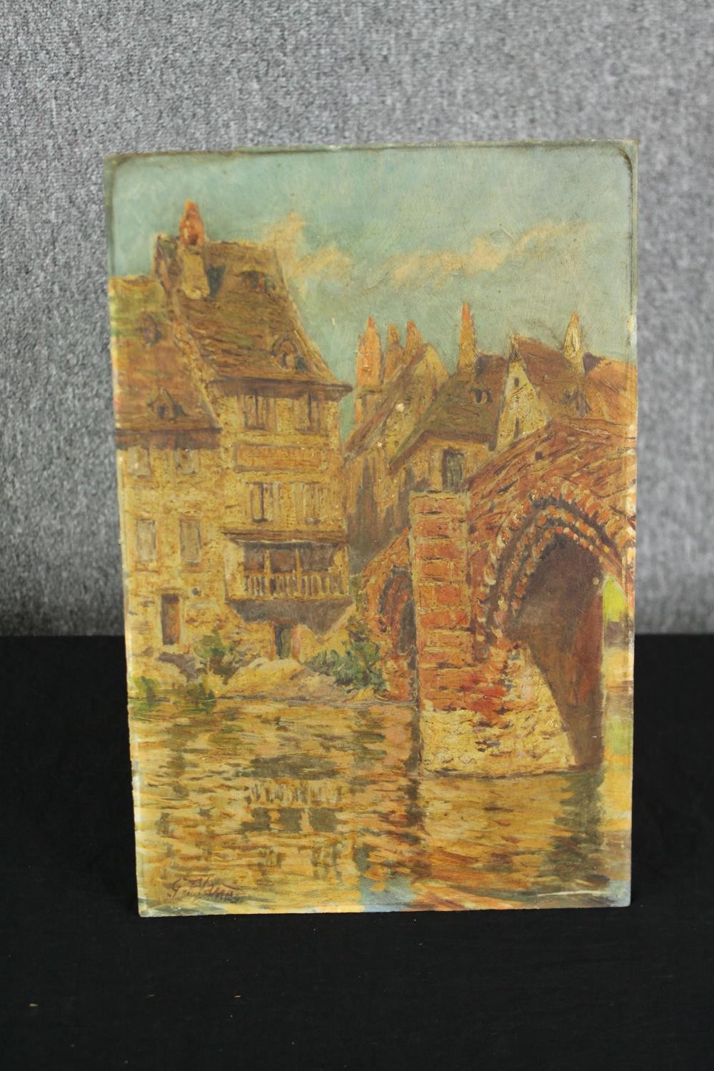 G. Flames, an Impressionist style oil on board of a town scene with river and bridge. H.41 W.27cm. - Bild 2 aus 4