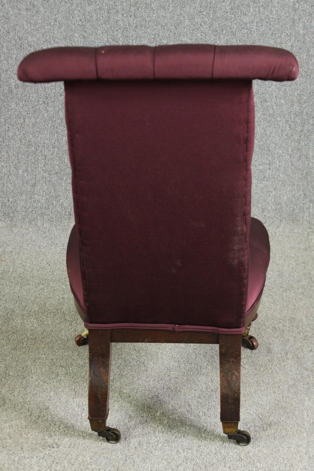 A Victorian mahogany prie dieu chair with modern aubergine textured upholstery. H.96cm. - Image 6 of 6