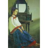 Oil on canvas portrait of a young eastern woman in a contemplative pose, in a giltwood frame. H.