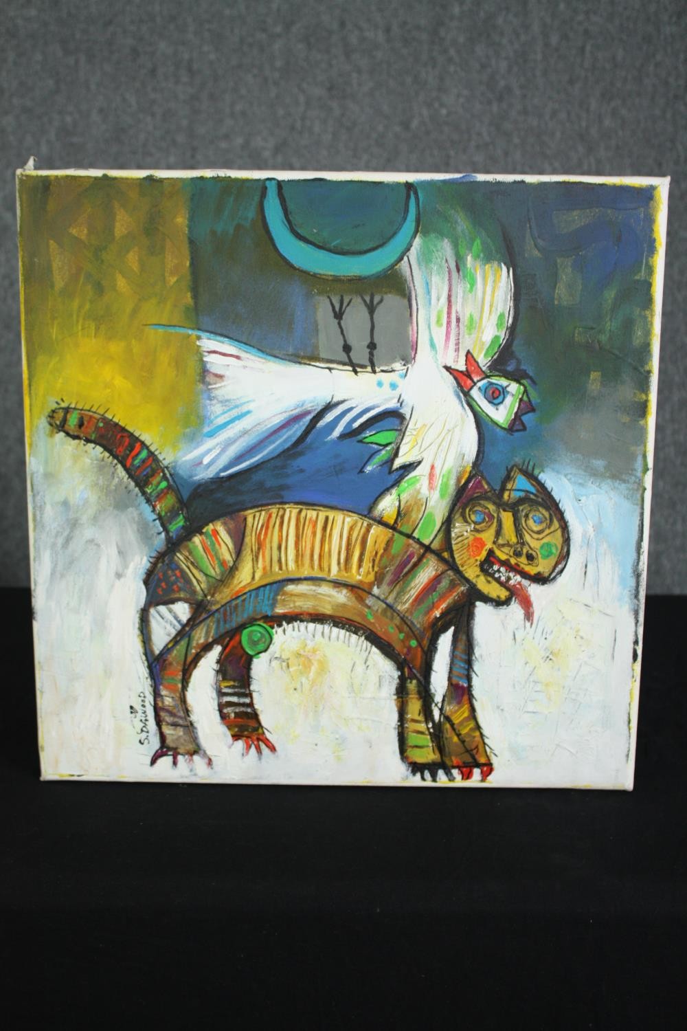 Shezad Dawood (B.1974), oil on canvas, modernist style cat with a bird, signed, unframed. H.46 W. - Image 2 of 4