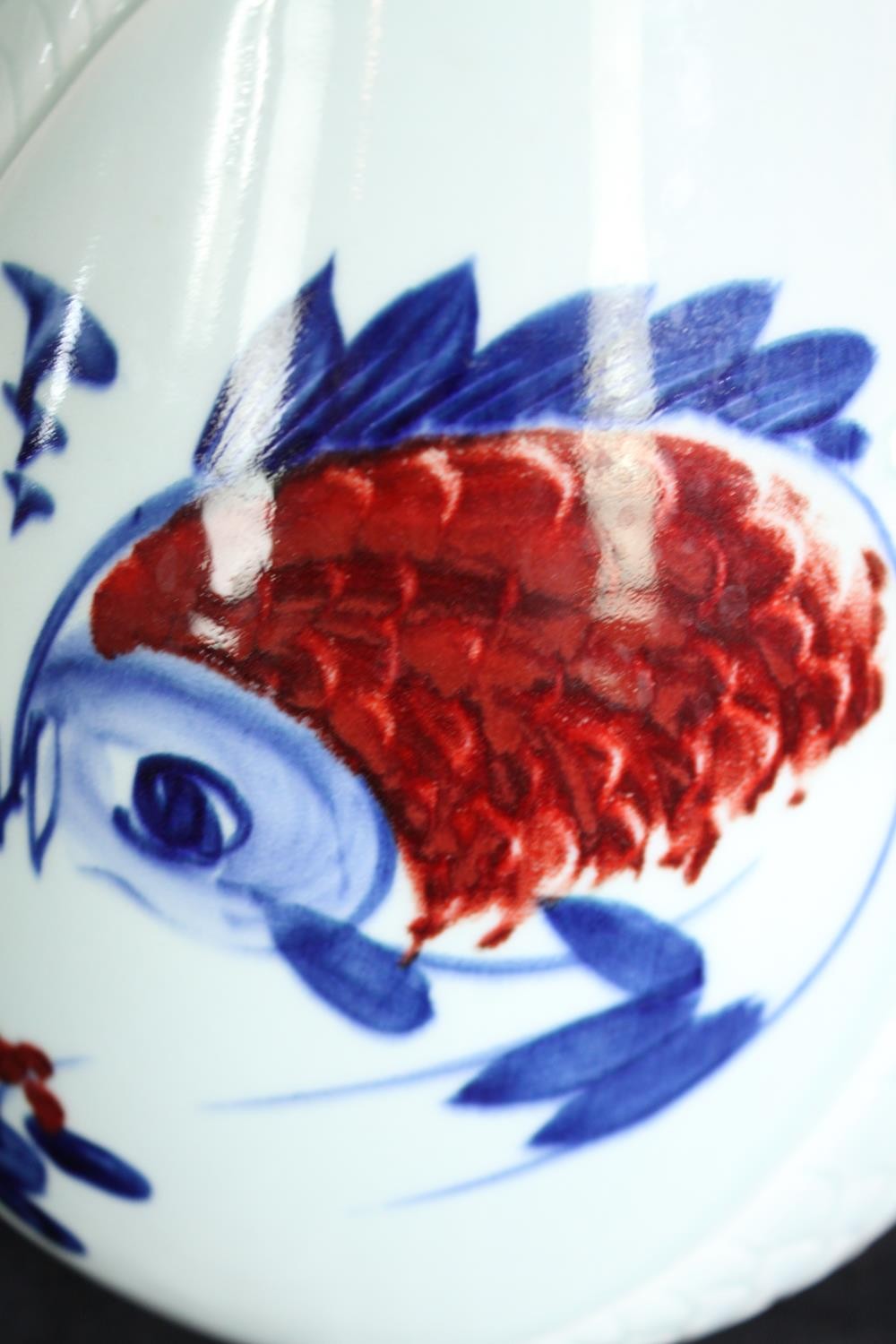 A large 20th century Japanese celadon glaze vase with stylised koi carp and incised scale texture, - Image 3 of 5