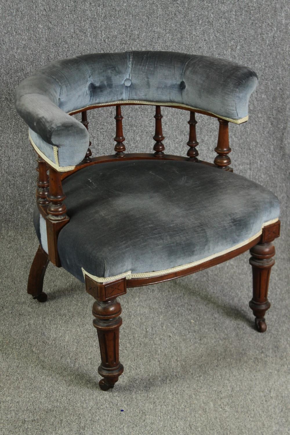 A late Victorian walnut tub chair, with button back upholstery - Image 2 of 7