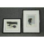 Two prints of flower bouquets, in ebonized frames, indistinctly signed in pencil. H.74 W.54cm, (