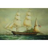 Oil on board, probably an American missionary ship, in painted and gadrooned frame. H.48 W.38cm.