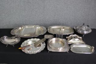 A group of various silver plated trays, and other wares. L.58 W.38cm. (largest).