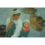 Oil on canvas, an eastern portrait of a parent and child, beside junk boats, signed and dated ZHYH