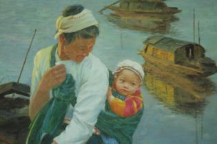 Oil on canvas, an eastern portrait of a parent and child, beside junk boats, signed and dated ZHYH