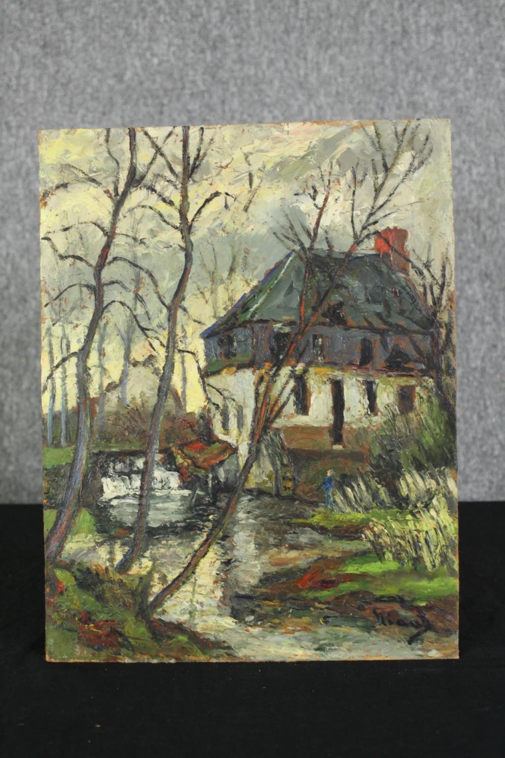 An Impressionist style oil on board of Vieux-Moulin, signed Sarton, with exhibition label. H.35 W. - Bild 2 aus 5