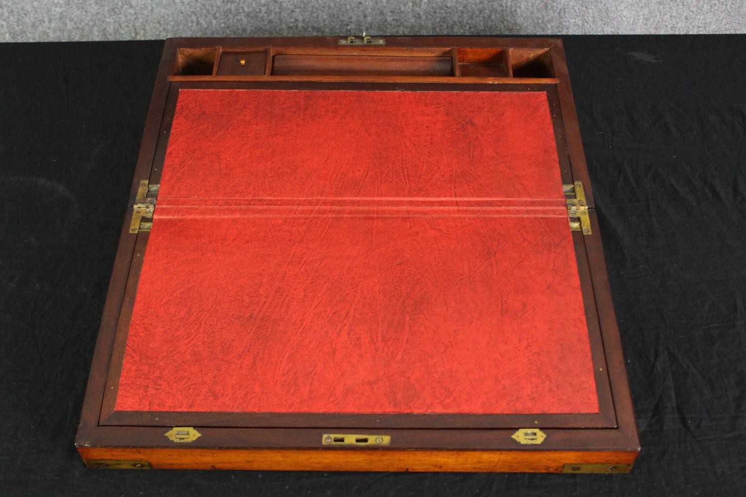 A Victorian mahogany and brass mounted writing slope, with a red leather fitted interior. H.18 W. - Image 2 of 6