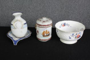A Chinese export porcelain tobacco jar, late 19th century, a Staffordshire porcelain bowl and